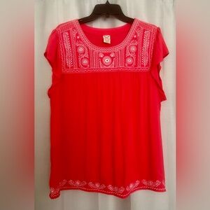 Faded Glory Bright Pink Embroidered Flutter Sleeve Blouse